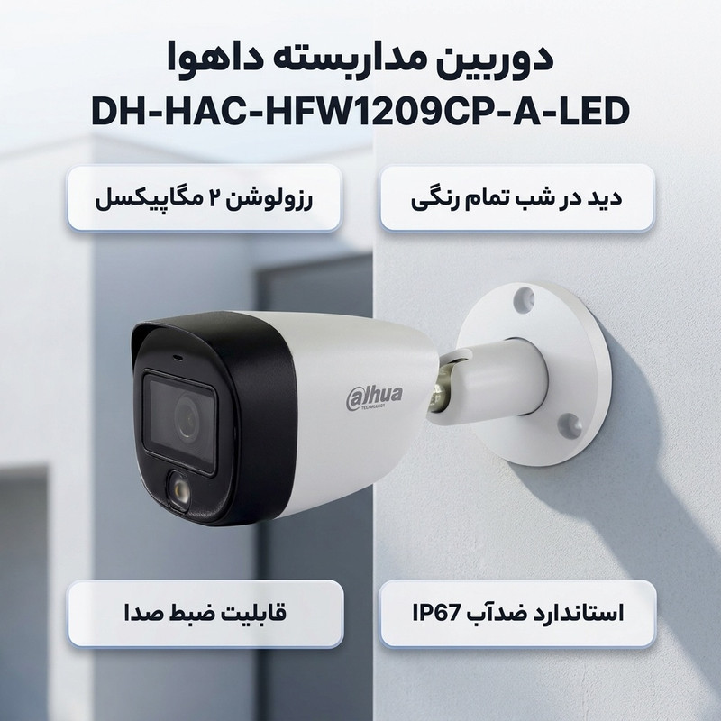 دوربین مداربسته بولت آنالوگ داهوا مدل DH-HAC-HFW1209CP-A-LED با رزولوشن 2 مگاپیکسل، دید در شب تمام رنگی تا 20 متر، فناوری HDcvi، قابلیت ضبط صدا، استاندارد ضدآب IP67 و فناوری BLC، DWDR و AGC