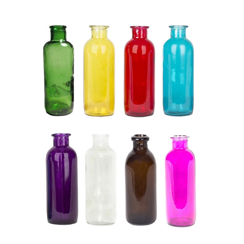 مجموعه 8 عددی گلدان دکوری شیشه‌ای مدل شیشه رنگی ابعاد 18x6 سانتی‌متر مناسب دکوراسیون منزل با رنگ‌های متنوع و گلوگاه قطر 2.5 سانتی‌متر