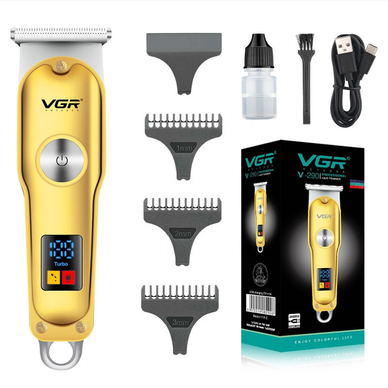ماشین اصلاح موی سر و صورت وی جی ار مدل V-290 با تیغه استیل ضد زنگ، نمایشگر دیجیتال، قابلیت دو سرعته، منبع تغذیه برق و شارژ، سه شانه اصلاح 1 تا 3 میلی‌متر، مدت زمان استفاده 120 دقیقه و شارژ 90 دقیقه