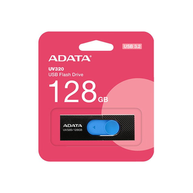 فلش مموری ای دیتا مدل UV320 ظرفیت 128 گیگابایت با درگاه USB 3.1 کشویی و سازگار با ویندوز، مک و لینوکس، انتقال داده با سرعت 10 گیگابیت بر ثانیه و طراحی جمع‌وجور