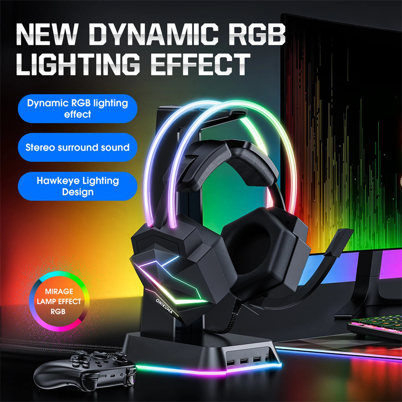 هدست گیمینگ ‌ برند اونیکوما مدل X20 با نویز کنسلینگ میکروفون، درگاه شارژ USB، دارای نورپردازی RGB، طراحی ارگونومیک و پدهای نرم و راحت