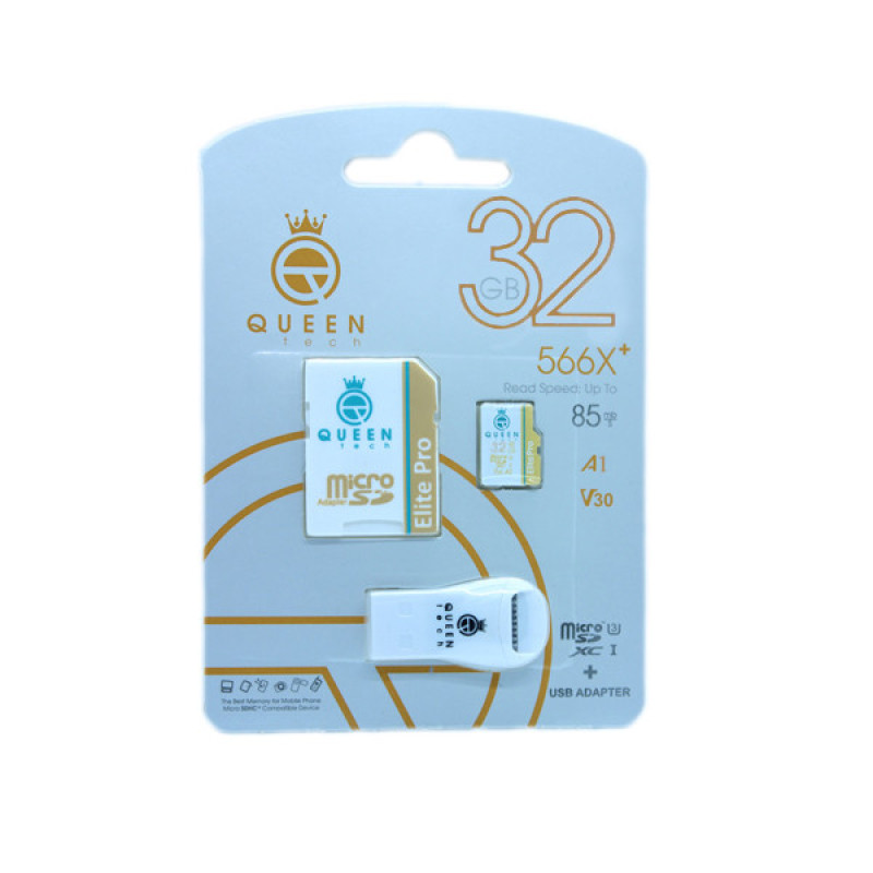 کارت حافظه Micro SDHC کوئین تک مدل Elite pro A1-V30-566X PLUS کلاس 10 استاندارد UHS-l U3 سرعت 85mbps ظرفیت 32 گیگابایت به همراه آداپتور SD و کارت خوان USB