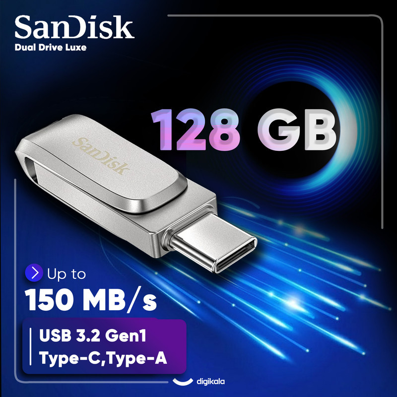 فلش مموری 128 گیگابایت سن دیسک مدل Ultra Dual Drive Luxe با دو رابط USB Type-C و USB Type-A، سرعت انتقال 150 مگابایت بر ثانیه، بدنه فلزی و سازگار با ویندوز، مک، اندروید و iOS