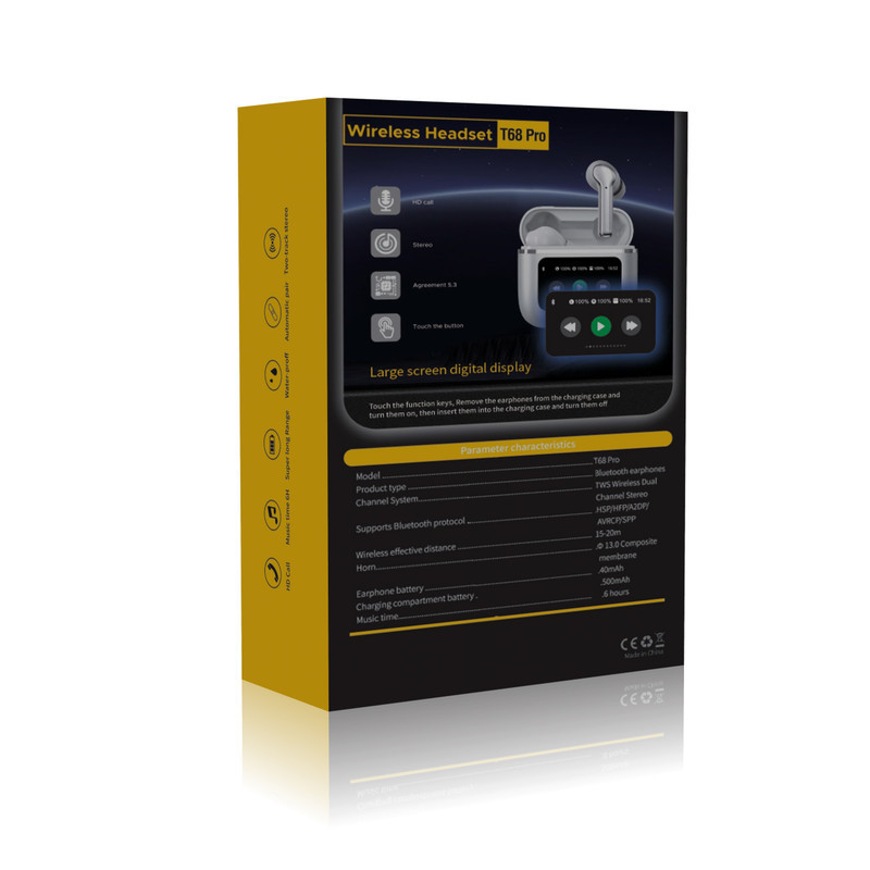 هدفون بلوتوثی لوکسار مدل T68 Pro با نویز کنسلینگ فعال (ANC)، نویز کنسلینگ میکروفون (ENC)، قابلیت پخش صدای محیطی (Transparency)، درگاه شارژ USB Type-C، دارای نمایشگر روی محفظه شارژ، پشتیبانی از فرمان لمسی، مقاوم در برابر رطوبت و عرق، استاندارد ضد آب IPX4
