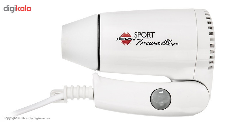 سشوار مسافرتی 1100 وات پارس خزر مدل HD-861P، موتور DC، وزن 340 گرم، المنت فلز، دارای سری متمرکز‌کننده با ویژگی صاف‌کنندگی