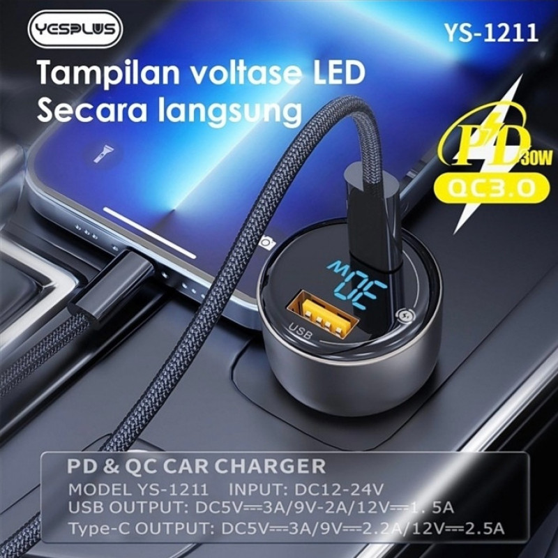 شارژر فندکی 30 وات 2 پورت یس پلاس مدل SUPER FAST 30W به همراه کابل  USB-C