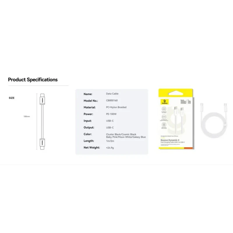 کابل تبدیل USB-C بیسوس مدل Dynamic 4 Series 100W طول 2 متر