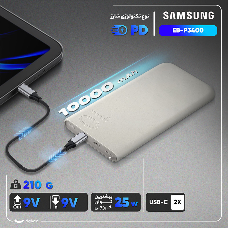 پاوربانک 25 وات سامسونگ مدل EB-P3400 ظرفیت 10000 میلی آمپر ساعت