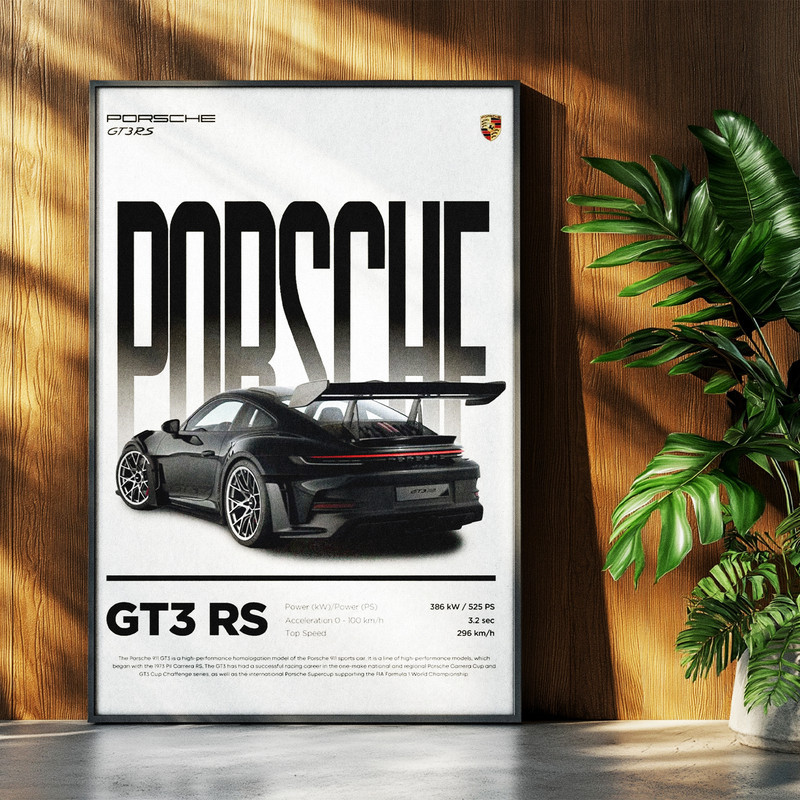 تابلو بکلیت طرح ماشین و خودرو پورشه PORSCHE 911 GT3 RS مدل b-po1711 فریم مشکی