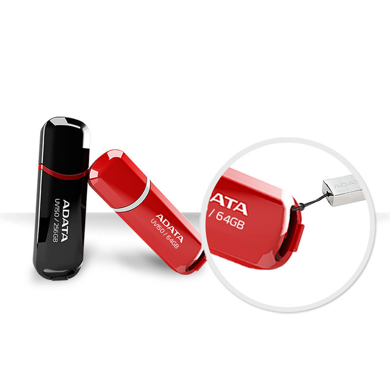 فلش مموری ای دیتا مدل UV150 ظرفیت 64 گیگابایت، رابط USB 3.2 Gen1، سرعت خواندن 90 مگابایت بر ثانیه، طراحی درپوش‌دار، سازگار با گوشی، تبلت، کامپیوتر و تلویزیون