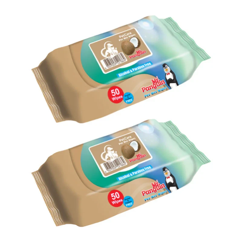 دستمال مرطوب حیوانات خانگی مستر پنگوئن مدل Coconut وزن 300 گرم بسته 2 عددی