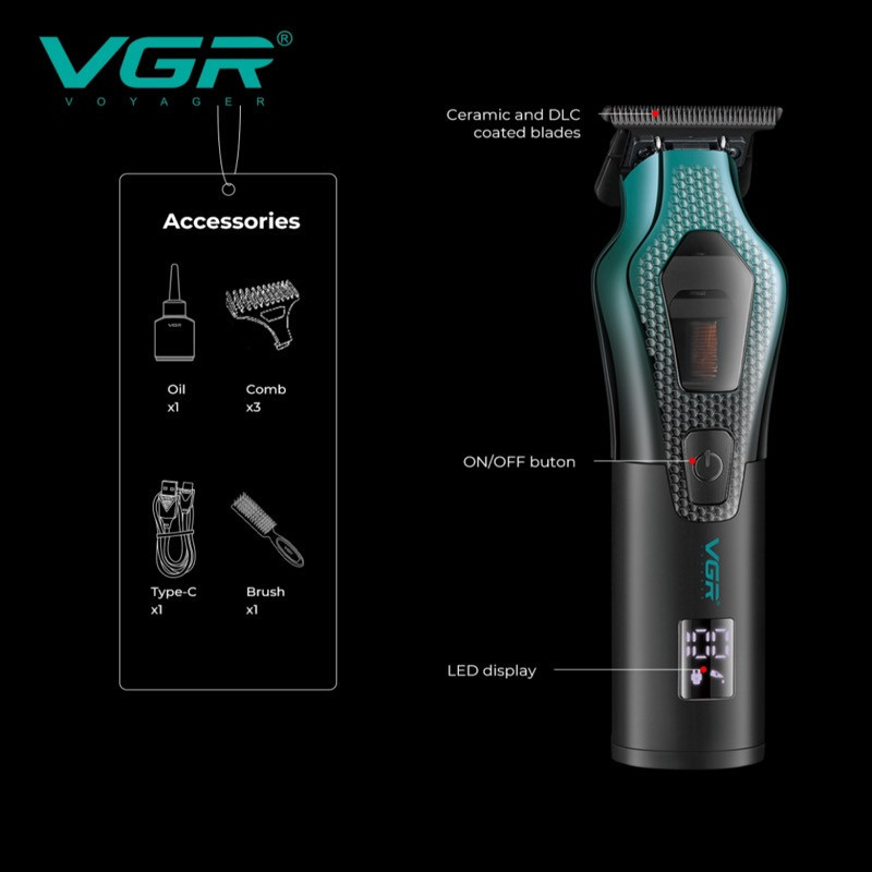 ماشین اصلاح موی سر و صورت وی جی ار مدل V-997 با موتور 11000 دور در دقیقه، باتری لیتیوم یونی 2500 میلی‌آمپر ساعت، تیغه سرامیک ضد التهاب، قابلیت تنظیم سرعت و نمایشگر میزان شارژ