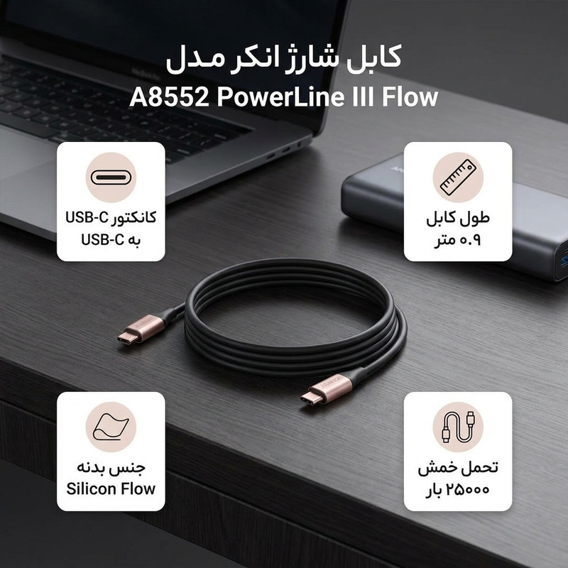 کابل USB-C به USB-C انکر مدل A8552 PowerLine III Flow طول 0.9 متر
