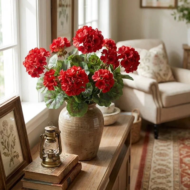 گل مصنوعی طرح شمعدانی 9 شاخه پر گل کد RD44، پارچه‌ای، 48x24x15 سانتی‌متر، 100 گرم
