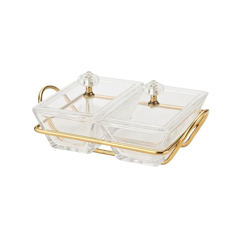 اردوخوری 2 خانه لیمون مدل FIDOKA-2103 با پایه فلزی، بدنه شیشه‌ای، درب آکرولیک، مناسب سرو پنیر، آجیل، شکلات و شیرینی، قابل شست‌وشو با دست و ماشین ظرفشویی، طراحی مستطیلی همراه استند