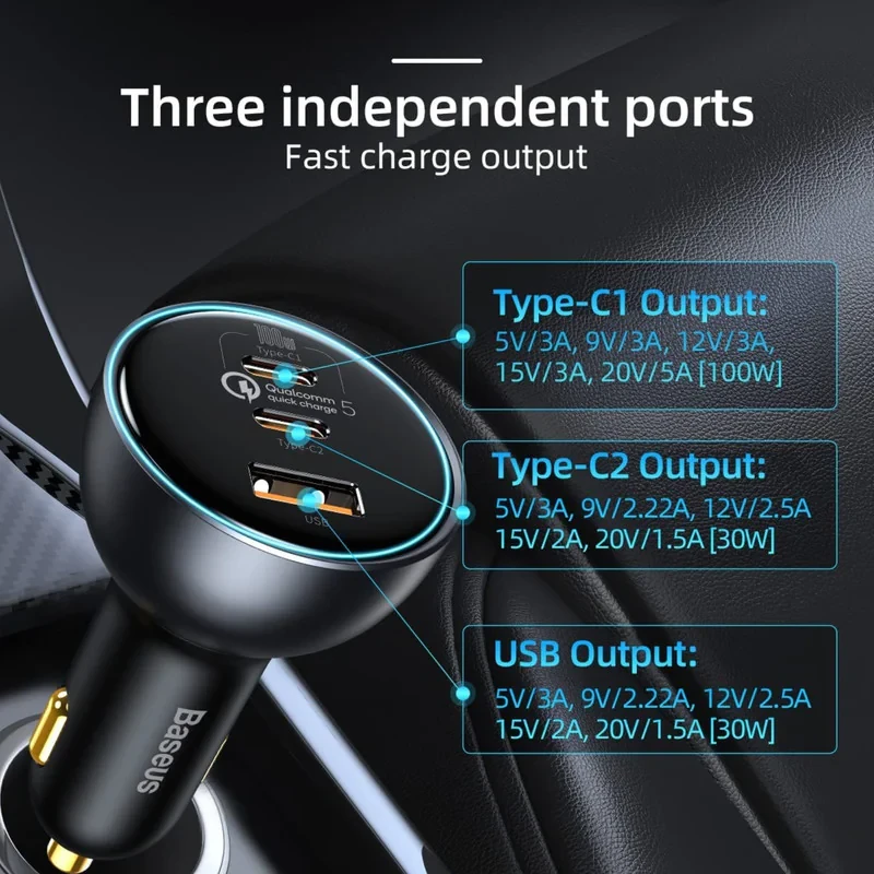 شارژر فندکی باسئوس مدل  CCZX-160CO 160W به همراه کابل تبدیل Usb-c