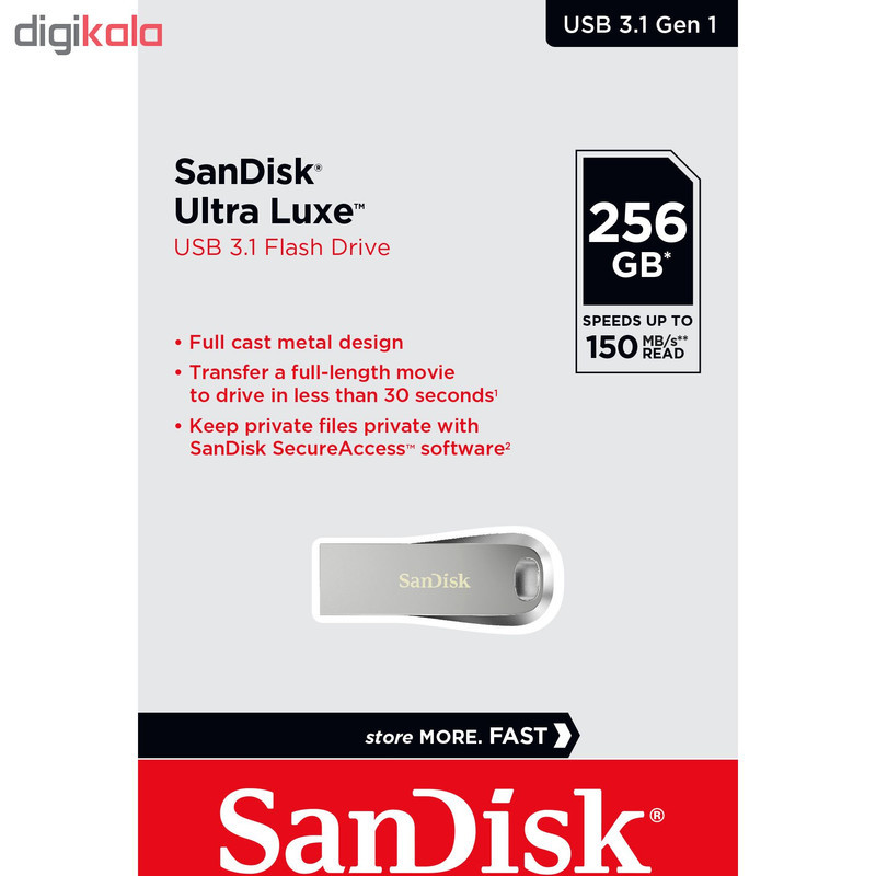 فلش مموری سن دیسک مدل Ultra Luxe ظرفیت 256 گیگابایت، رابط USB 3.1، سرعت خواندن 150 مگابایت بر ثانیه، بدنه فلزی مقاوم، پشتیبانی از نرم‌افزار کدگذاری اطلاعات