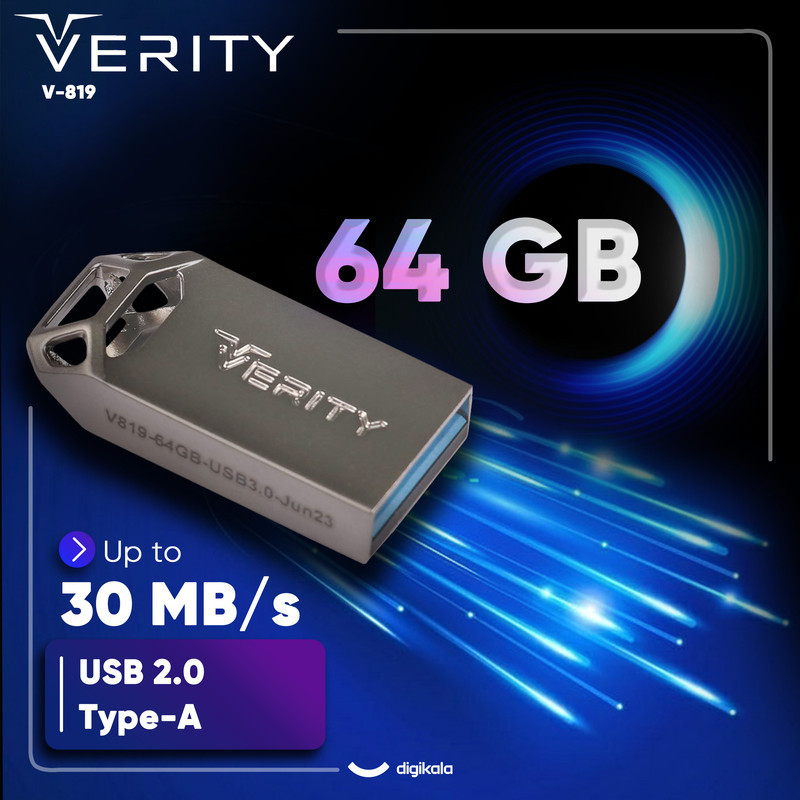 فلش مموری وریتی مدل V-819 ظرفیت 64 گیگابایت با بدنه فلزی، رابط USB 2.0 Type-A، سرعت انتقال 30 مگابایت بر ثانیه و سازگار با گوشی، کامپیوتر، لپ‌تاپ، تلویزیون و تبلت