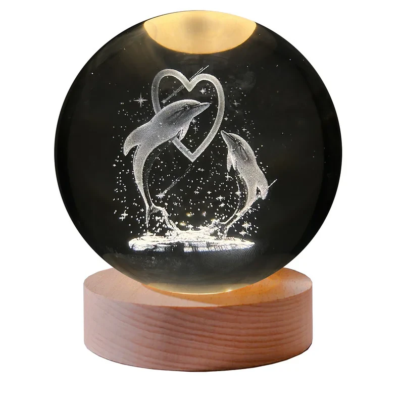 چراغ خواب مدل گوی کریستال 3D طرح دلفین و قلب کد 06