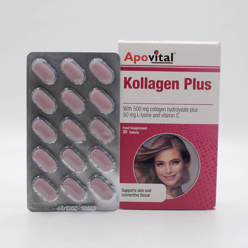 قرص کلاژن پلاس آپوویتال مدل Kollagen Plus حاوی کلاژن هیدرولیز شده، ویتامین سی و ال لیزین، کمک به حفظ استحکام پوست، کاهش چین و چروک، تقویت رشد مو و ناخن و بهبود عملکرد مفاصل، بسته 30 عددی ساخت آلمان