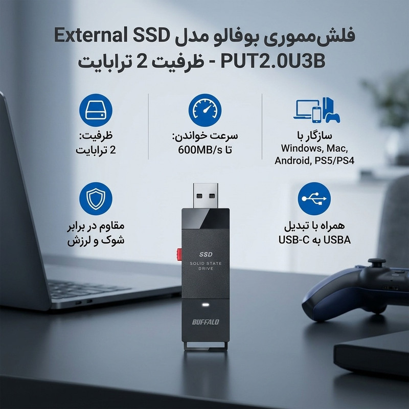 فلش مموری بوفالو مدل External SSD PUT2.0U3B US Portable ظرفیت 2 ترابایت