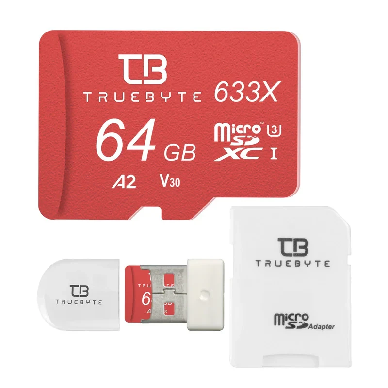 کارت حافظه microSDXC تروبایت مدل 633X-A2-V30 کلاس 10 استاندارد UHS-I U3 سرعت 95MBps ظرفیت 64 گیگابایت به همراه کارت‌خوان