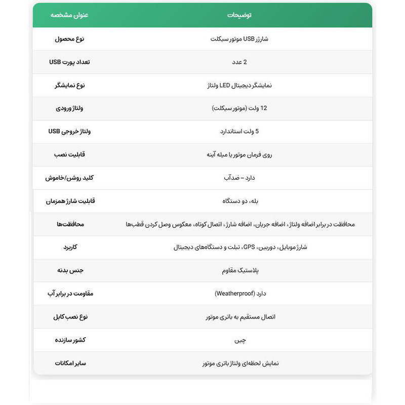 شارژر موبایل موتور سیکلت مدل 100
