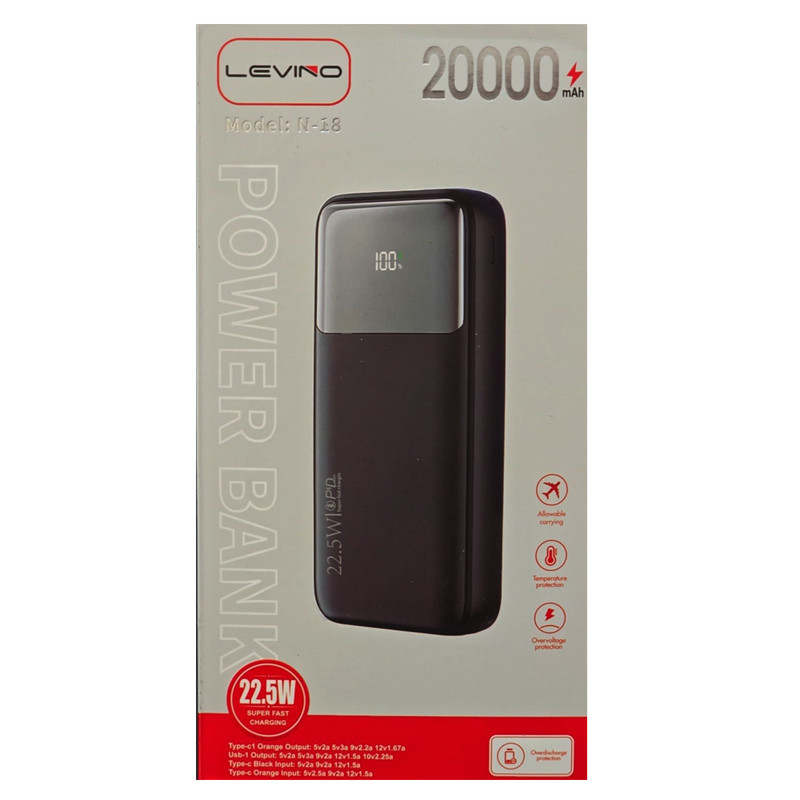 پاوربانک 12 وات مدل LEVINO N-18 ظرفیت 20000 میلی‌آمپرساعت