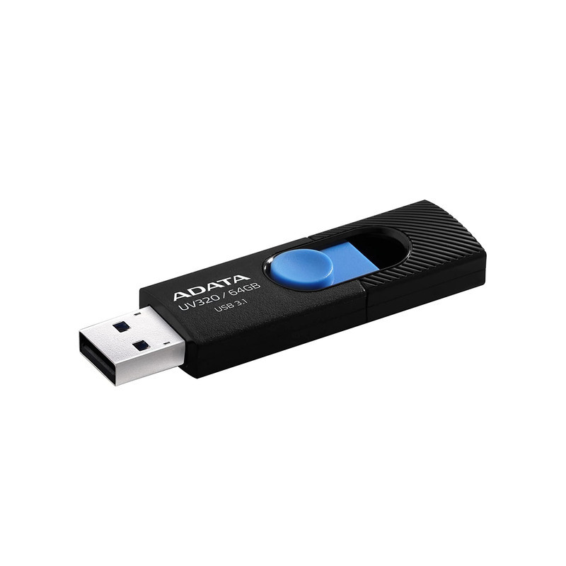 فلش‌مموری کشویی ای دیتا مدل UV320 ظرفیت 64 گیگابایت با رابط USB 3.2 Gen1 سرعت انتقال تا 10 گیگابیت بر ثانیه و سازگار با ویندوز، مک، لینوکس، گوشی و تلویزیون